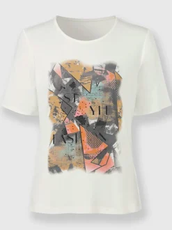 Analyse de l’image- Type de vêtement : T shirt- Col et manches : col rond et manches courtes- Motif visible : imprimé géométrique sur le devant- Matière / fabrication : viscose- Détails visibles : impression frontale, design graphique- Style visuel : casualLibellé produit (6 à 11 mots)T shirt viscose avec imprimé géométrique et col rond