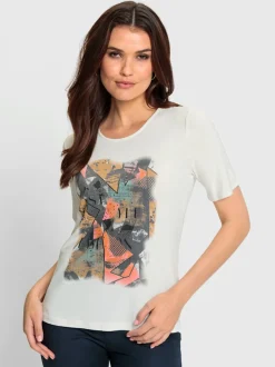 Analyse de l’image- Type de vêtement : T shirt- Col et manches : col rond et manches courtes- Motif visible : imprimé géométrique sur le devant- Matière / fabrication : viscose- Détails visibles : impression frontale, design graphique- Style visuel : casualLibellé produit (6 à 11 mots)T shirt viscose avec imprimé géométrique et col rond