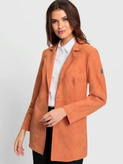 Blazer long imitation cuir velours col à revers et manches longues
