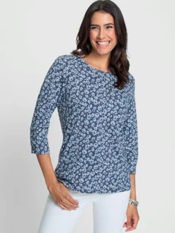 Blouse à encolure ronde à motifs floraux et manches trois quarts