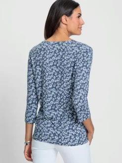 Blouse à encolure ronde à motifs floraux et manches trois quarts