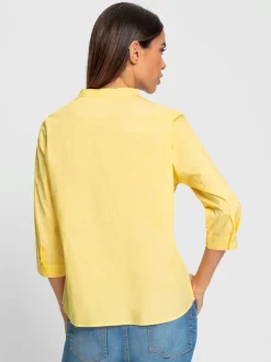 Blouse en coton col V manches trois quarts et ourlet arrondi