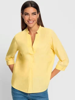 Blouse en coton col V manches trois quarts et ourlet arrondi