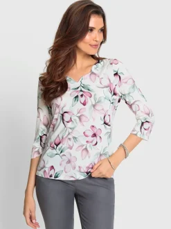 Blouse à manches trois quarts et col V imprimé fleurs viscose