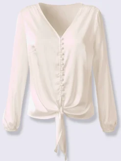 Blouse satin col V avec lien à nouer et manches longues