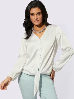 Blouse satin col V avec lien à nouer et manches longues