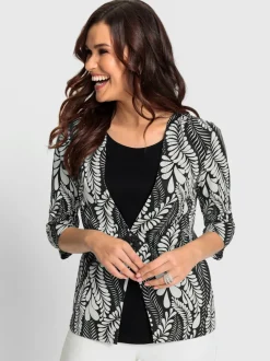 Cardigan à col en V motif feuilles et manches trois quarts
