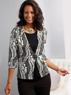 Cardigan à col en V motif feuilles et manches trois quarts
