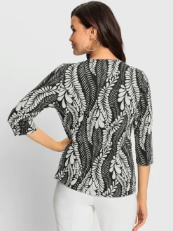 Cardigan à col en V motif feuilles et manches trois quarts