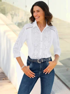 Chemisier en coton avec broderie Madeira col chemise manches trois quart