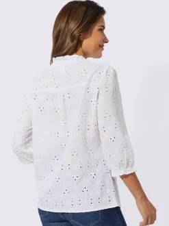 Chemisier en coton dentelle ajourée à manches bouffantes et col rond