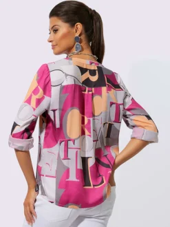 Chemisier en modal fluide imprimé lettres col chemise et manches retroussables