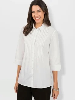 Chemisier pur coton col chemise et pinces poitrine manches trois quarts