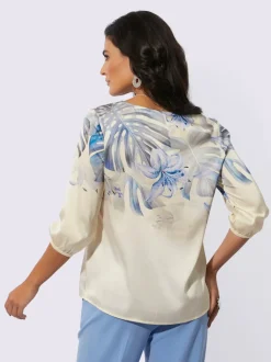 Chemisier satin à col V et manches trois quarts motif floral
