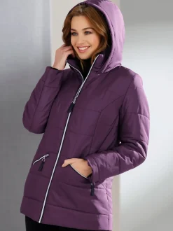 Doudoune femme col montant à capuche avec zippers contrastés