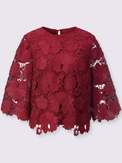 Ensemble chemisier et pantalon en dentelle florale col rond