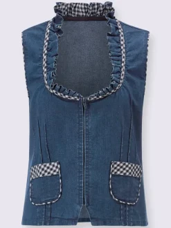 Gilet en jean sans manches avec volants et poches à carreaux
