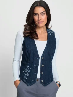 Gilet en jean sans manches à broderie fleurie sur le devant