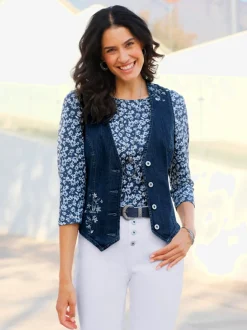 Gilet en jean sans manches à broderie fleurie sur le devant