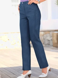 Jean femme droit effet délavé ceinture élastique