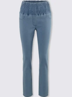 Jean stretch à ceinture smockée et poches factices