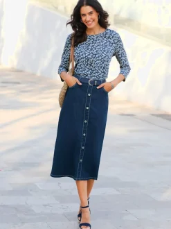 Jupe en jean longueur midi avec boutons apparents sur le devant