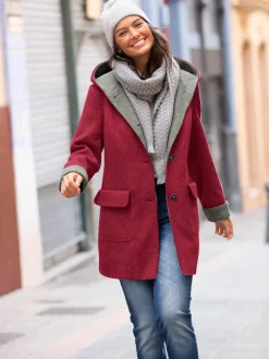 Manteau imitation laine à capuche et poches plaquées