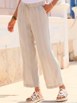 Pantalon large en lin à rayures jacquard et ceinture élastique