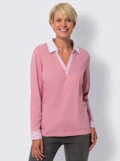 Polo à manches longues col chemise contrasté rayures encolure et manchettes
