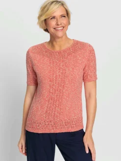 Pull ajouré en coton col rond et manches courtes à motif
