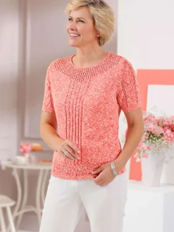 Pull ajouré en coton col rond et manches courtes à motif