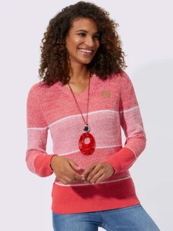Pull coton en maille chiné avec bandes et col en V