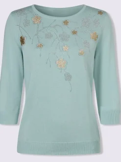 Pull encolure ronde application florale