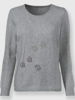 Pull encolure ronde avec manches longues motif floral et pierres