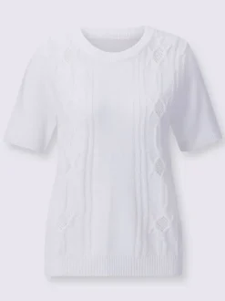 Pull encolure ronde bouclé et motif tricoté devant et manches courtes