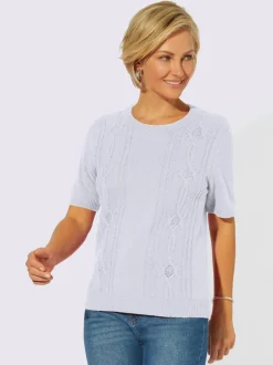 Pull encolure ronde bouclé et motif tricoté devant et manches courtes