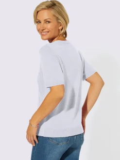 Pull encolure ronde bouclé et motif tricoté devant et manches courtes