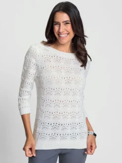Pull en coton confortable avec motif ajouré et manches trois quarts