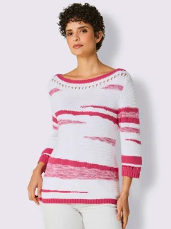 Pull en coton rayé col en U et manches trois quarts
