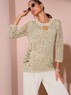 Pull en tricot ajouré à col rond et manches trois quart