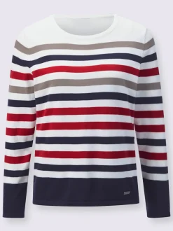 Pull en tricot fin pur coton à rayures et col rond