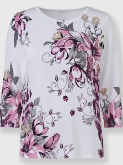 Pull floral en viscose ECOVERO col rond et manches trois quarts
