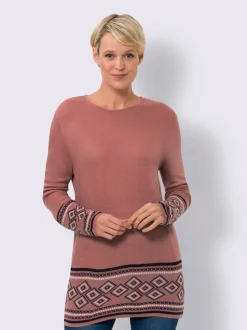pull long col rond et manches longues avec motif jacquard géométrique