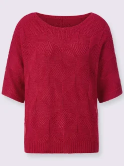 Pull à manches courtes col en U motif losanges tricoté coton