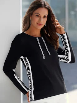 Pull à manches longues en tricot fin viscose et bandes fantaisie