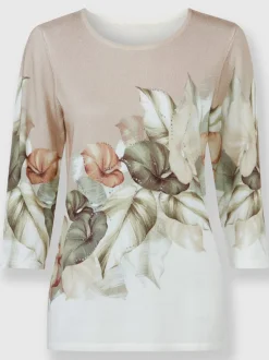 Pull à manches trois quarts avec col rond et motif feuilles