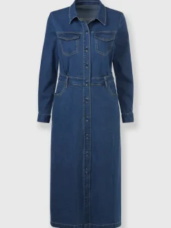 Robe en jean à col chemise manches longues et boutons