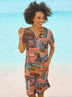 Robe en jersey imprimé géométrique col V ouvert et manches courtes