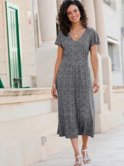 Robe fluide à col V et manches courtes imprimé fleuri
