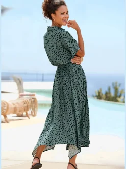 Robe imprimée à pois col chemisier mancherons empiècement smocké viscose tissée